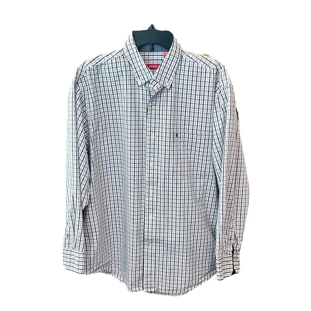 Izod men’s long sleeve button down cotton shirt SZ XL white black beige plaid